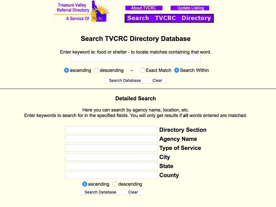 A screenshot of TVCRC's directory search webpage.